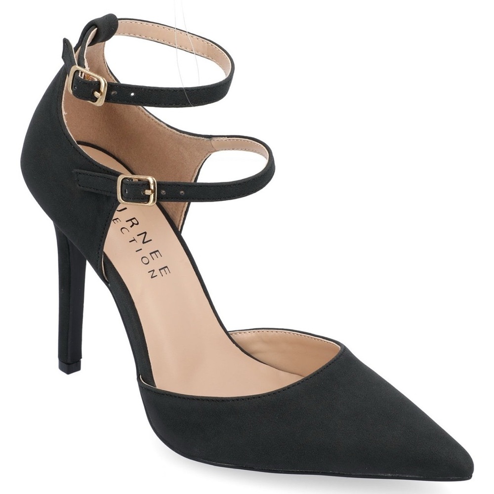 Journee Collection Black Pointed-Toe Heels with Double Ankle Straps